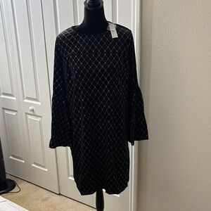 New York & Company Black Long Bell Sleeve Dress with Diamond Pattern